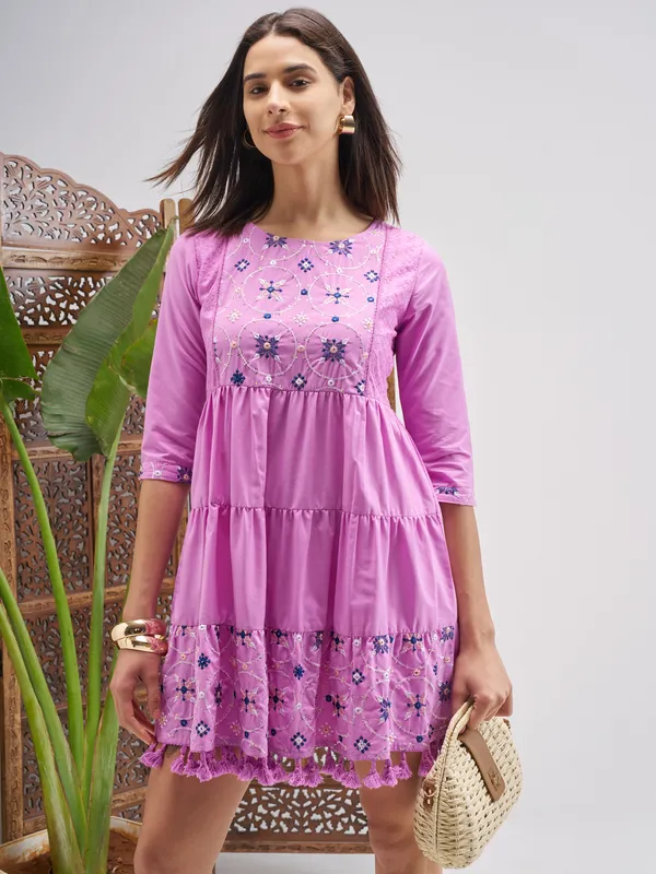 Vishudh Women Lavender Embroidered Fit and Flare Dress