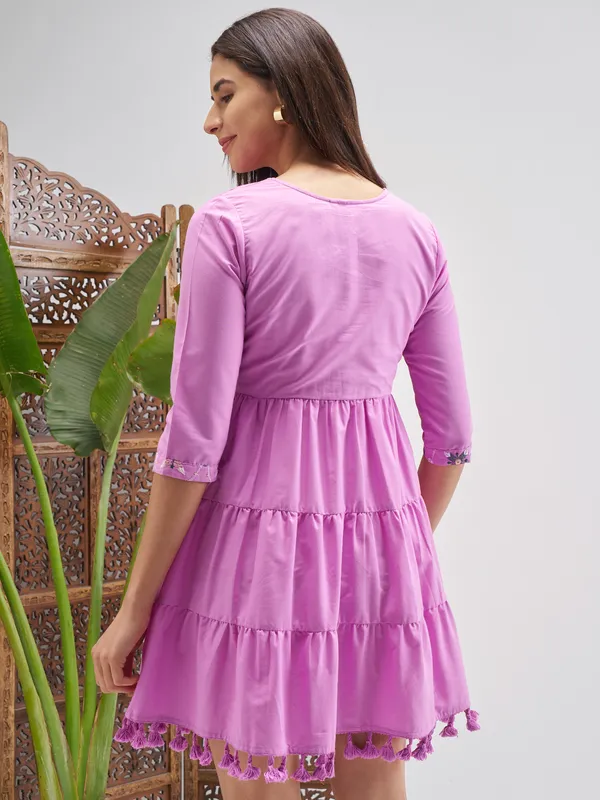 Vishudh Women Lavender Embroidered Fit and Flare Dress