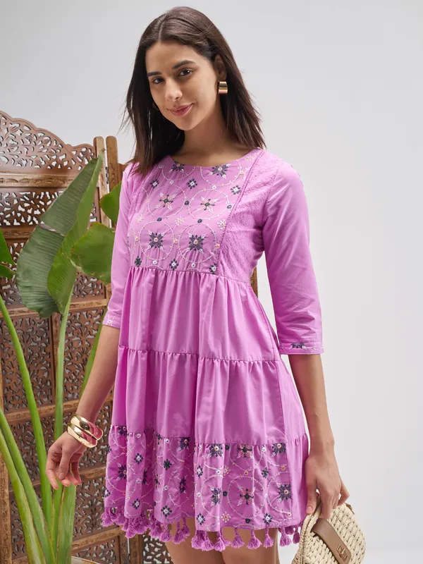 Vishudh Women Lavender Embroidered Fit and Flare Dress
