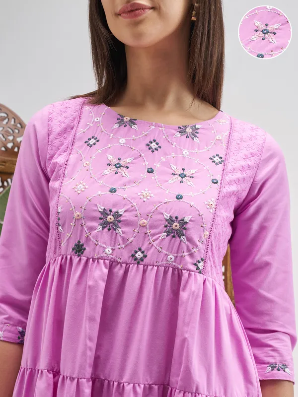 Vishudh Women Lavender Embroidered Fit and Flare Dress