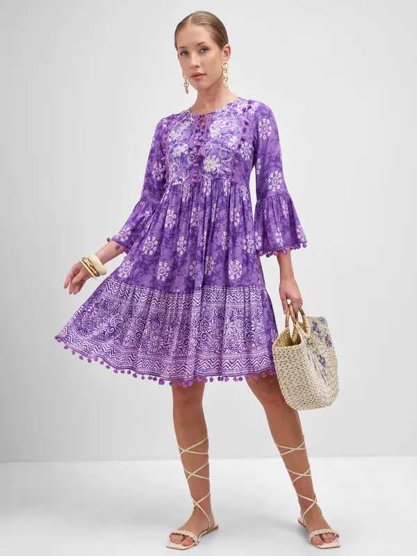 Vishudh Women Purple Embroidered Fit and Flare Dress