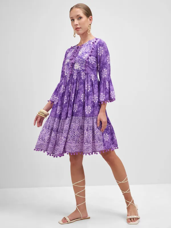 Vishudh Women Purple Embroidered Fit and Flare Dress