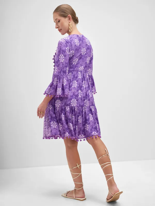 Vishudh Women Purple Embroidered Fit and Flare Dress