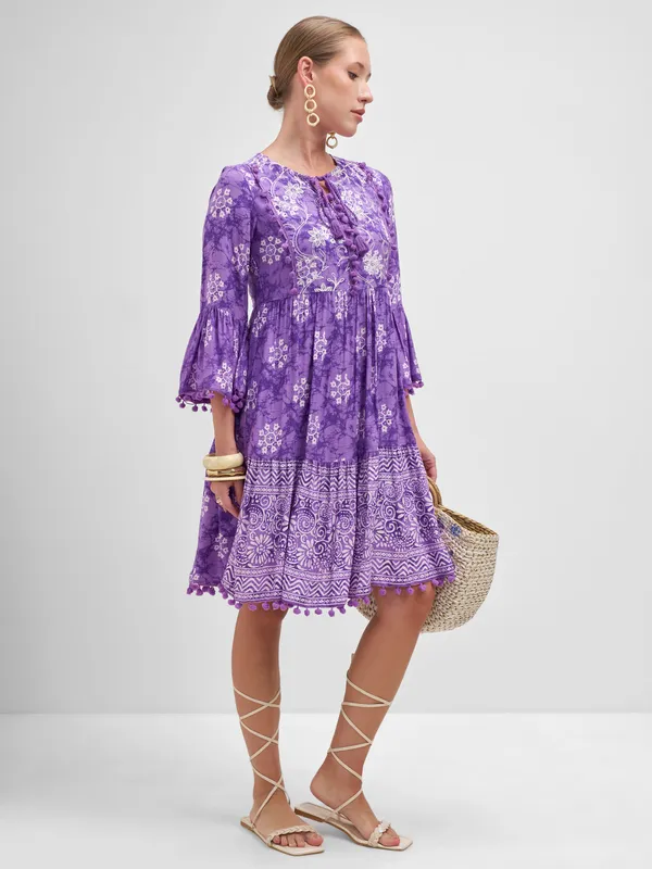 Vishudh Women Purple Embroidered Fit and Flare Dress