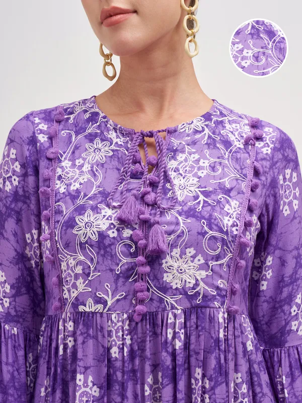 Vishudh Women Purple Embroidered Fit and Flare Dress