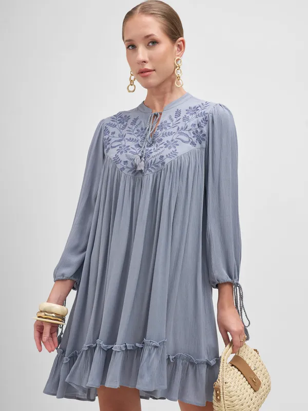 Vishudh Women Blue Embroidered A-Line Dress