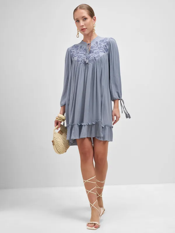 Vishudh Women Blue Embroidered A-Line Dress