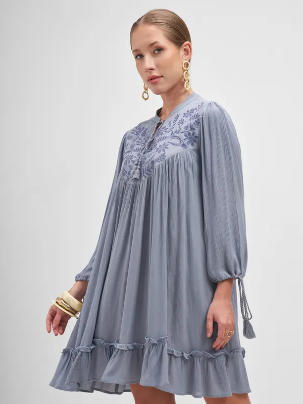 Vishudh Women Blue Embroidered A-Line Dress