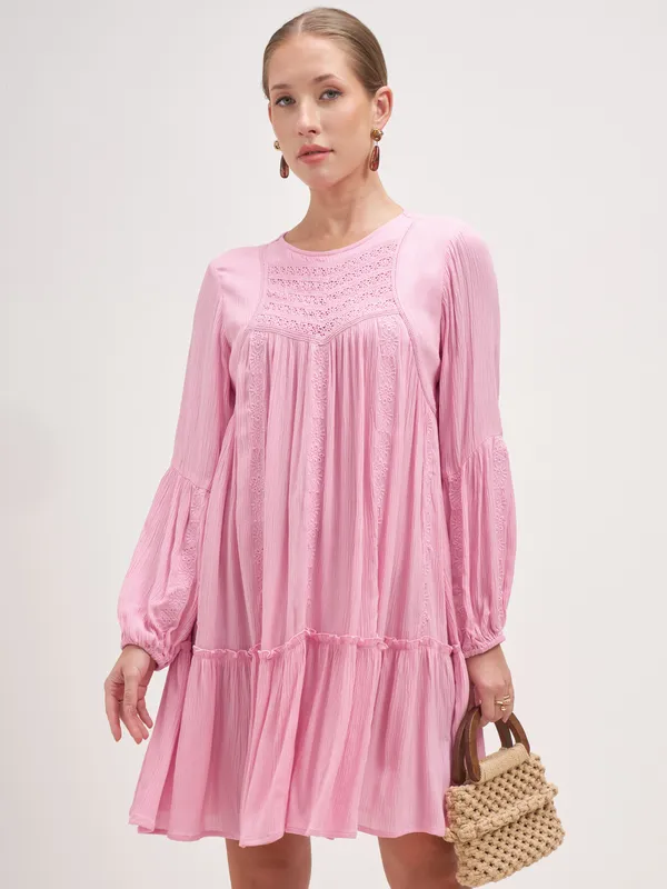 Vishudh Women Pink Embroidered A-Line Dress