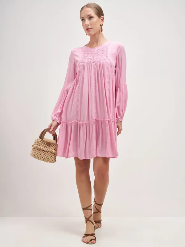 Vishudh Women Pink Embroidered A-Line Dress