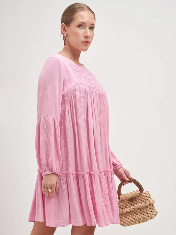 Vishudh Women Pink Embroidered A-Line Dress