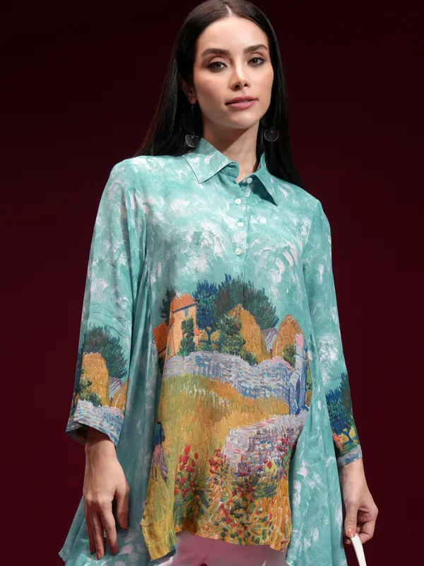 Vishudh Women Blue Printed Shirt Style Top