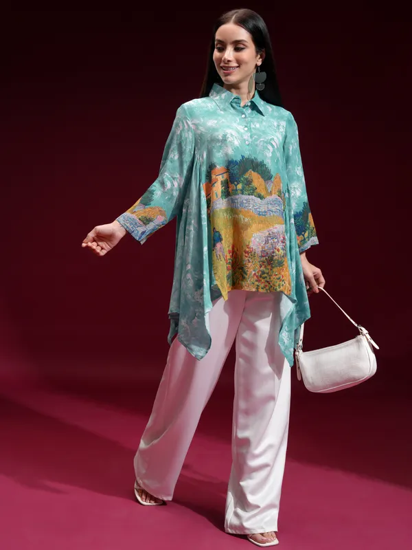 Vishudh Women Blue Printed Shirt Style Top