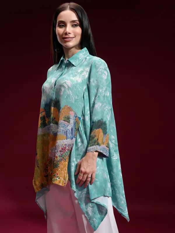 Vishudh Women Blue Printed Shirt Style Top