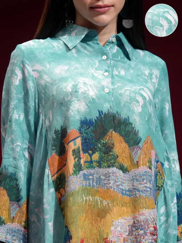 Vishudh Women Blue Printed Shirt Style Top