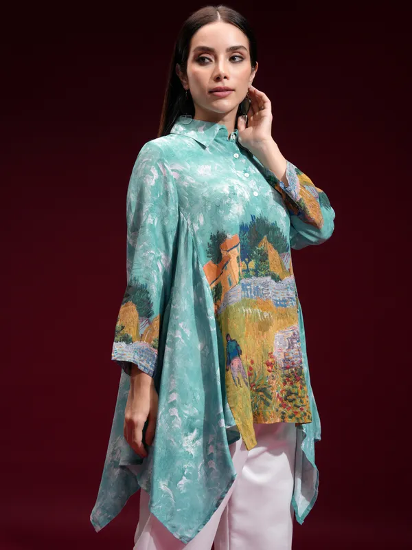 Vishudh Women Blue Printed Shirt Style Top