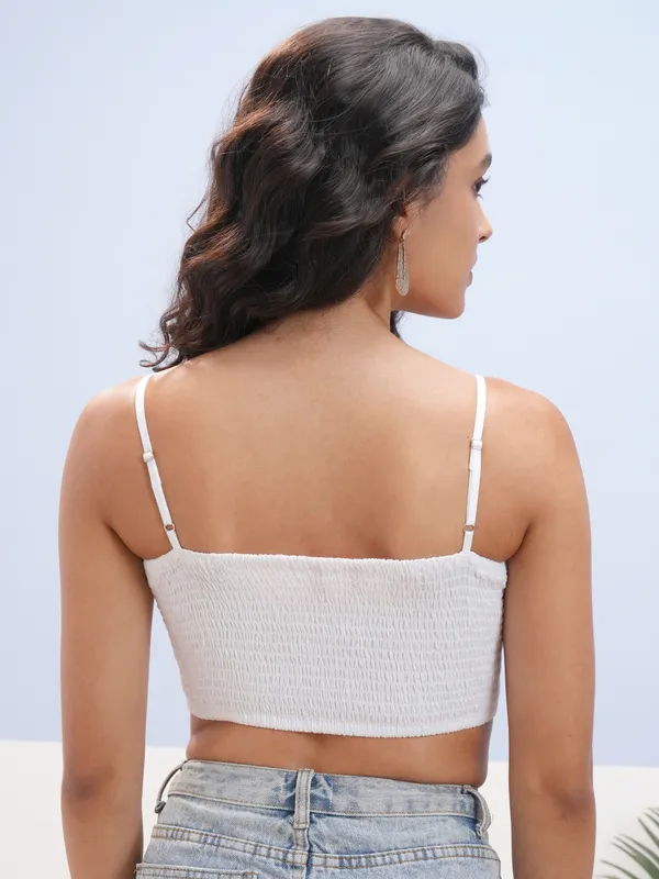 Vara By Vishudh Women White Schiffli Strap Crop Top