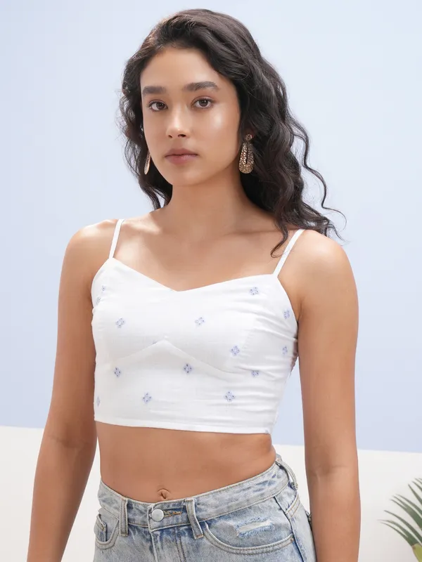 Vara By Vishudh Women White Schiffli Strap Crop Top
