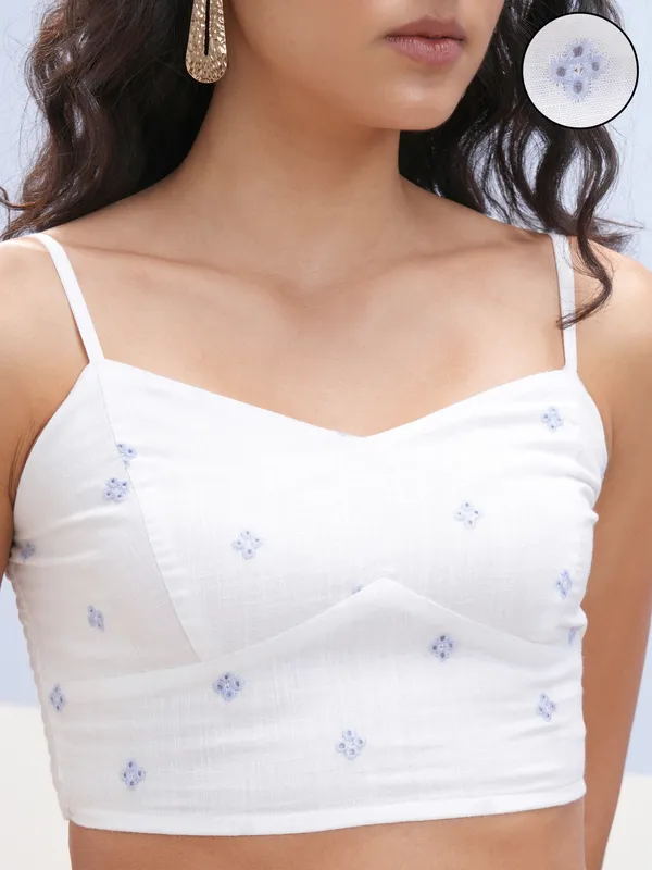 Vara By Vishudh Women White Schiffli Strap Crop Top