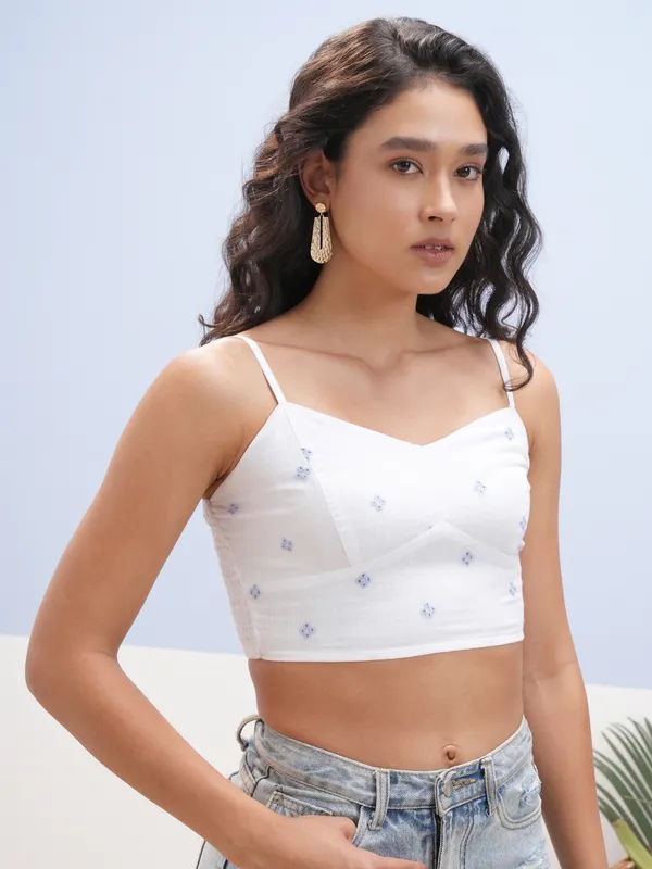 Vara By Vishudh Women White Schiffli Strap Crop Top