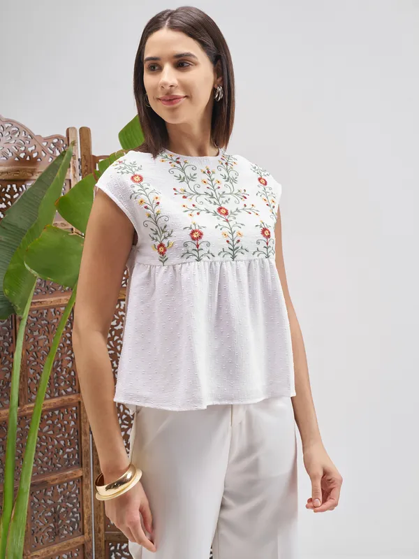 Vishudh Women White Embroidered Top