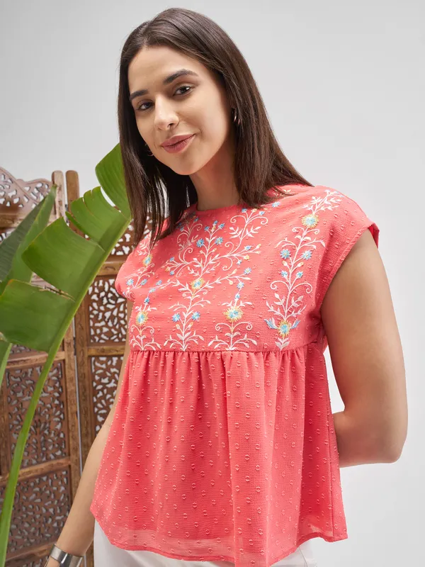 Vishudh Women Peach Embroidered Top