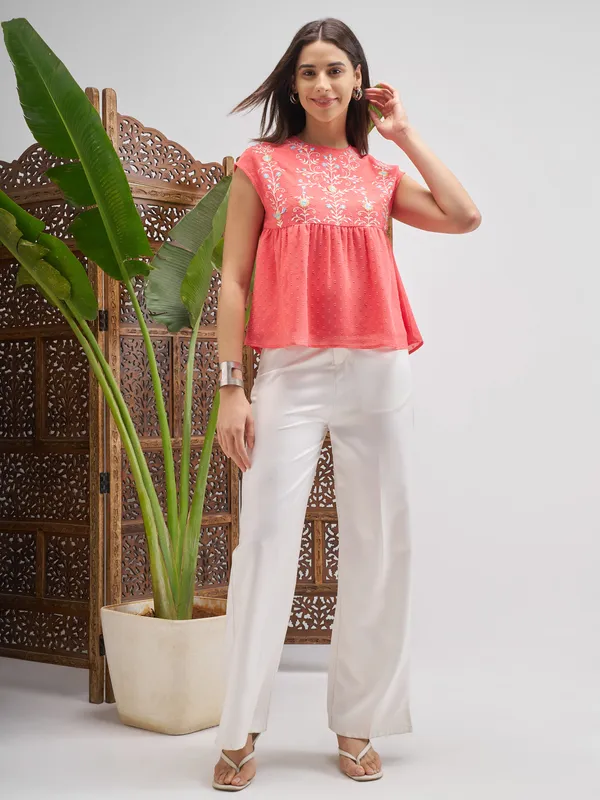 Vishudh Women Peach Embroidered Top