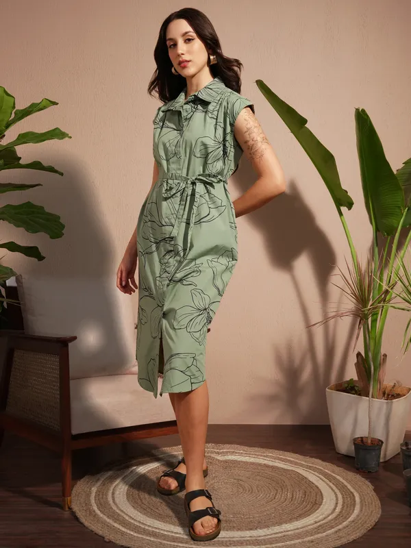 Vara By Vishudh Women Green Printed Shirt Dress