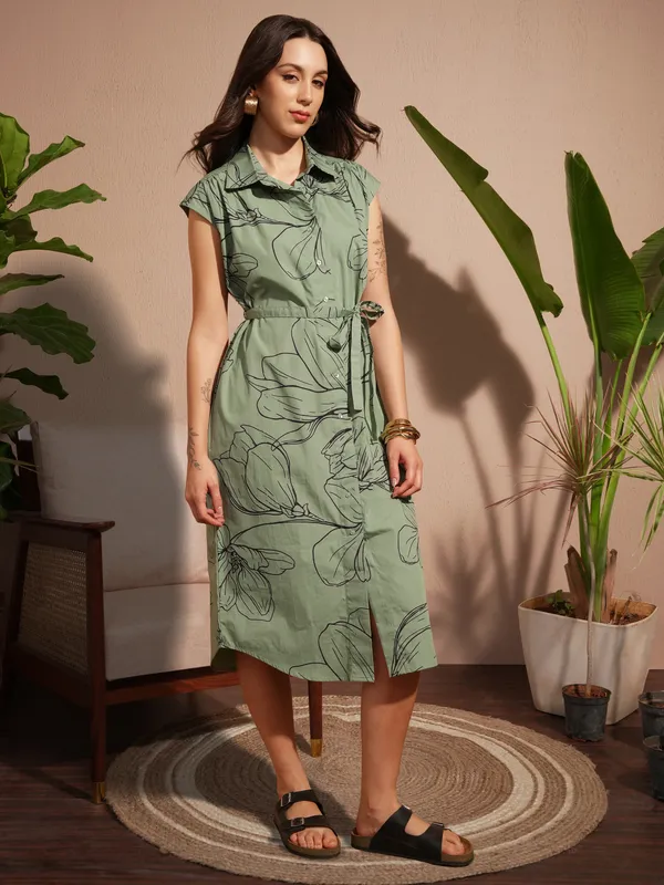 Vara By Vishudh Women Green Printed Shirt Dress