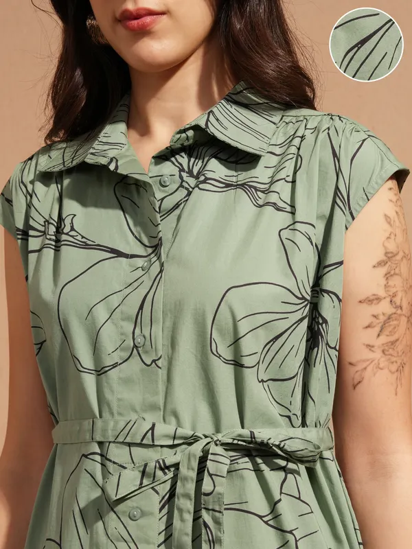 Vara By Vishudh Women Green Printed Shirt Dress