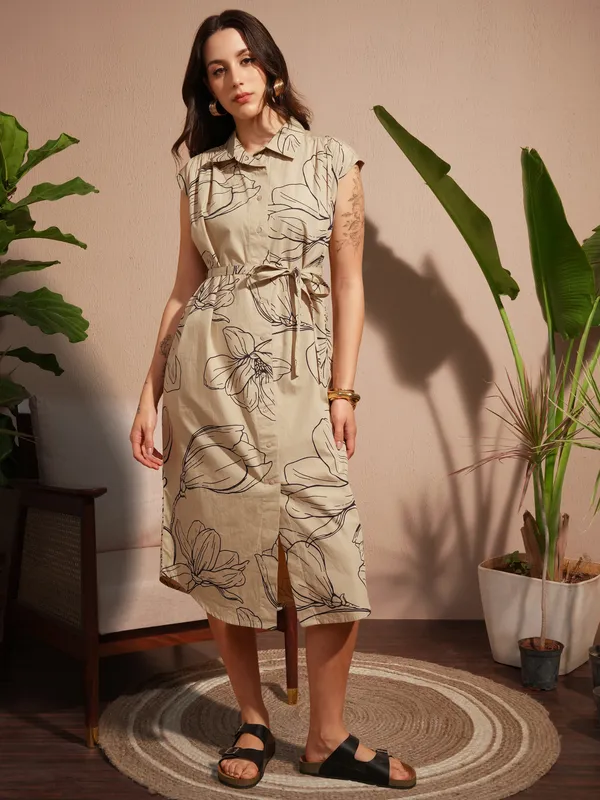 Vara By Vishudh Women Tan Printed Shirt Dress