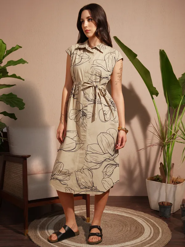 Vara By Vishudh Women Tan Printed Shirt Dress