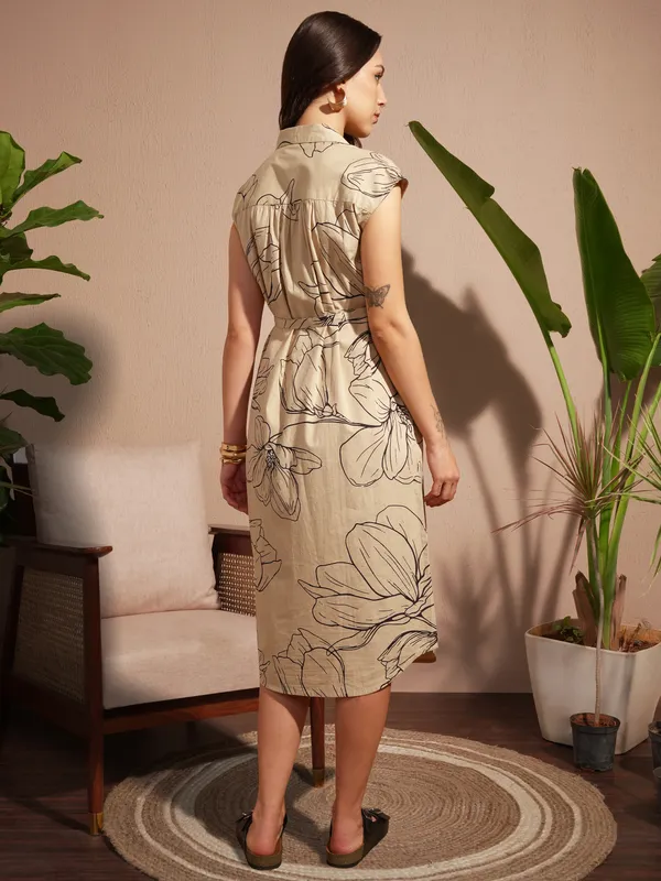 Vara By Vishudh Women Tan Printed Shirt Dress
