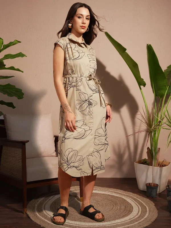 Vara By Vishudh Women Tan Printed Shirt Dress