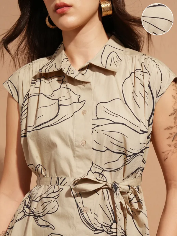 Vara By Vishudh Women Tan Printed Shirt Dress