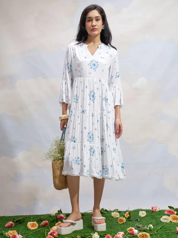 Vara By Vishudh Women White Printed Fit and Flare Dress