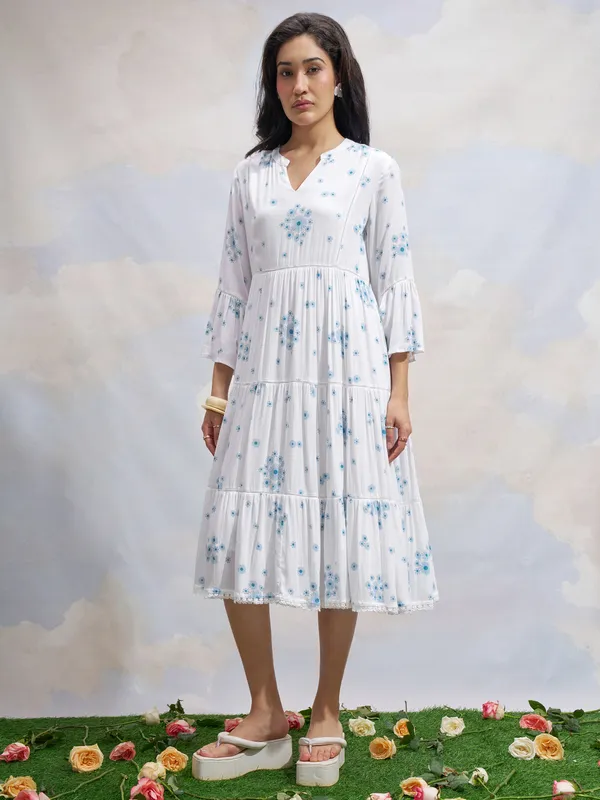 Vara By Vishudh Women White Printed Fit and Flare Dress