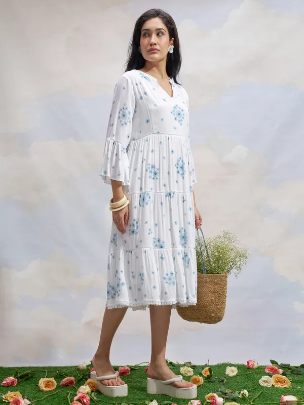 Vara By Vishudh Women White Printed Fit and Flare Dress