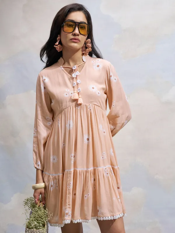 Vara By Vishudh Women Peach Printed Fit and Flare Dress