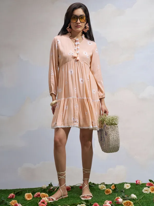 Vara By Vishudh Women Peach Printed Fit and Flare Dress