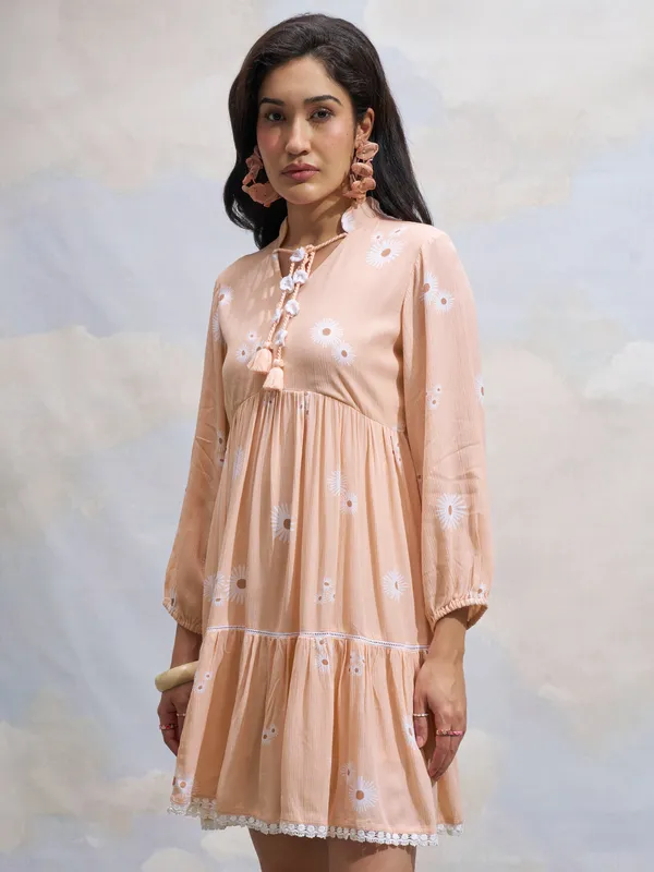 Vara By Vishudh Women Peach Printed Fit and Flare Dress