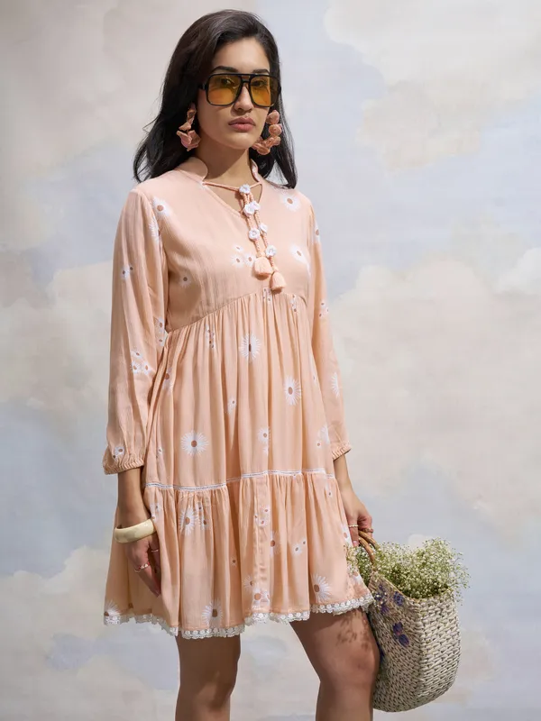 Vara By Vishudh Women Peach Printed Fit and Flare Dress