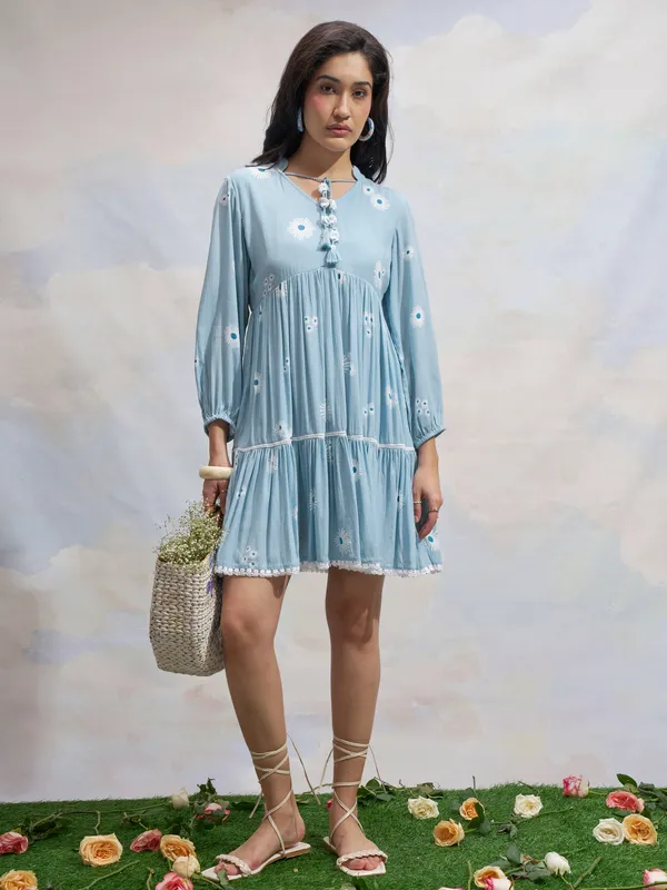 Vara By Vishudh Women Blue Printed Fit and Flare Dress