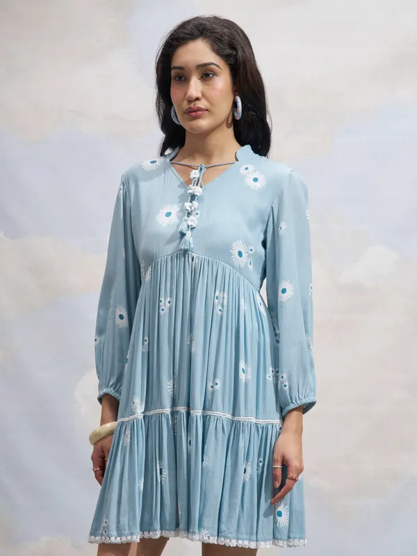 Vara By Vishudh Women Blue Printed Fit and Flare Dress