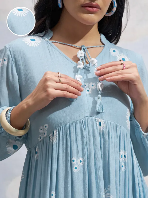 Vara By Vishudh Women Blue Printed Fit and Flare Dress