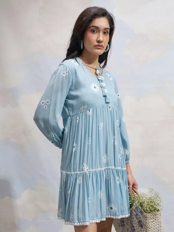 Vara By Vishudh Women Blue Printed Fit and Flare Dress