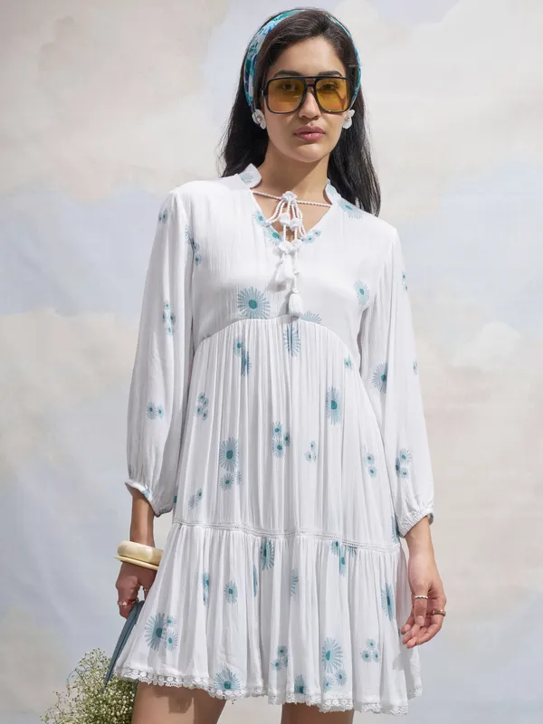 Vara By Vishudh Women White Printed Fit and Flare Dress