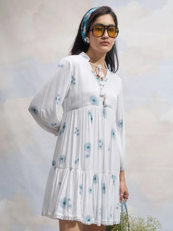 Vara By Vishudh Women White Printed Fit and Flare Dress