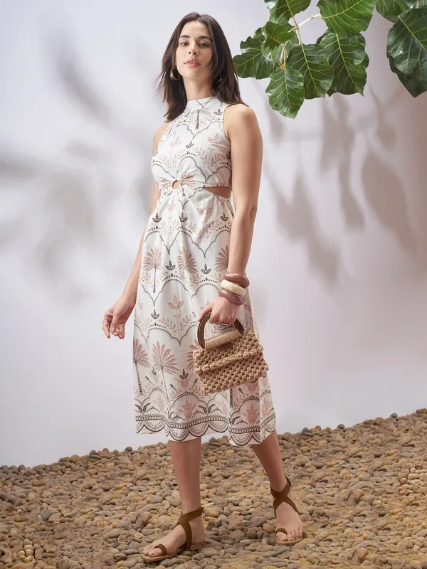 Vara By Vishudh Women Tan Printed A-Line Dress