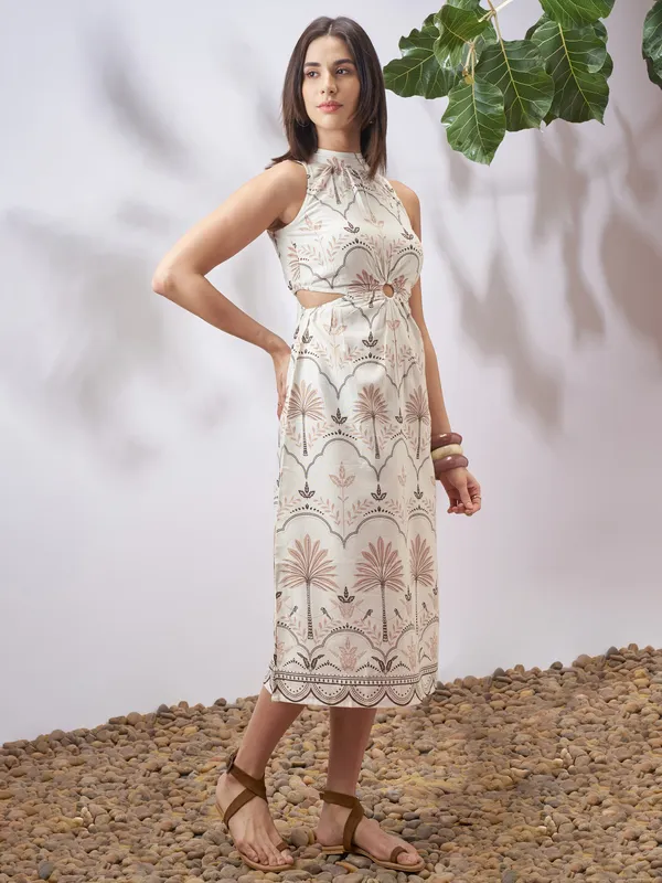 Vara By Vishudh Women Tan Printed A-Line Dress